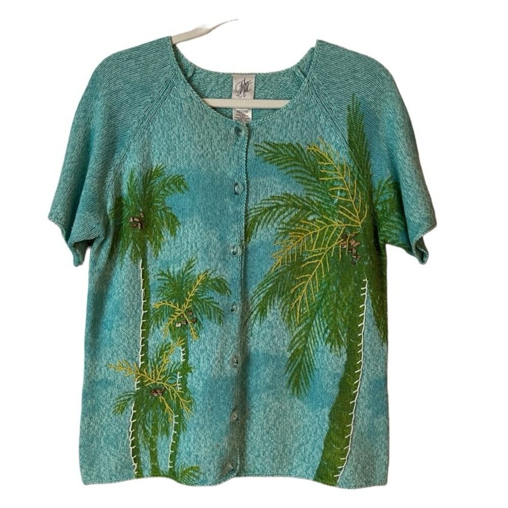 Fisher Hill Tropical Embroidered Sweater Cardigan, Size Large